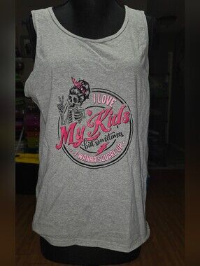 Gildan Gray Tank Top with Pink and Black Skeleton Graphic